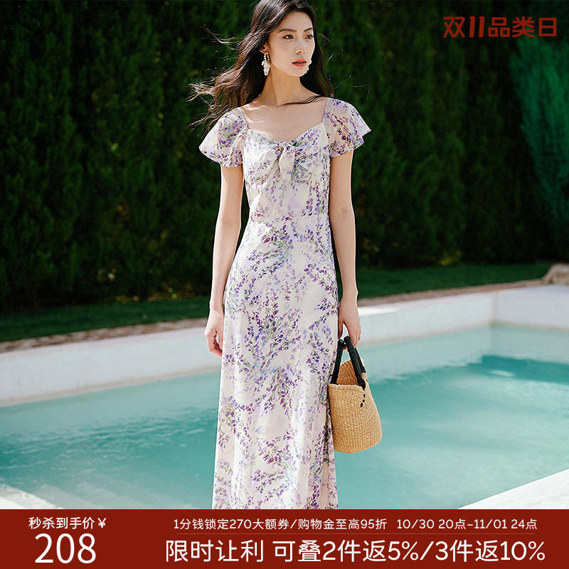 衣香丽影碎花雪纺连衣裙女夏装度假风法式漂亮掐腰裙子
