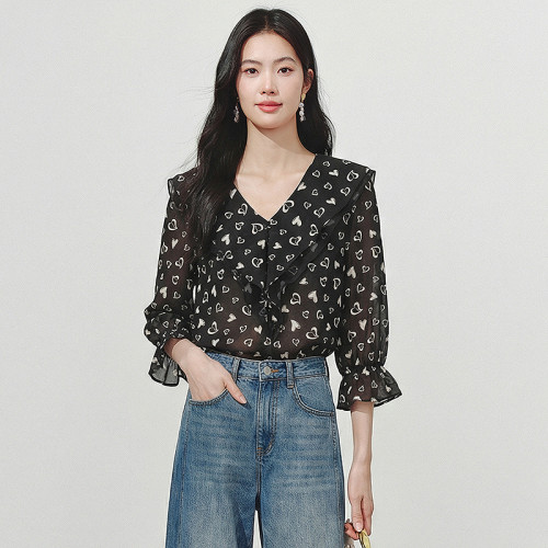 衣香丽影黑色爱心碎花真丝衬衫女2025秋装新款轻奢高级感宽松上衣