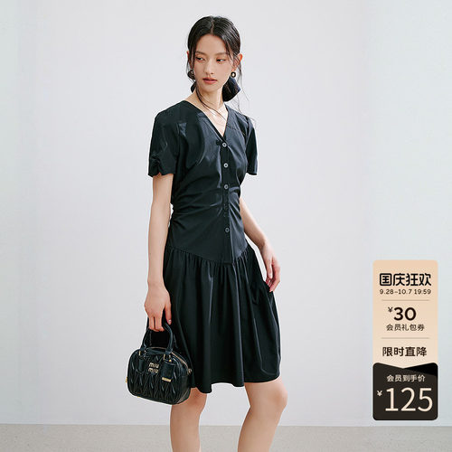衣香丽影miu系V领泡泡袖连衣裙女夏装气质减龄法式裙子