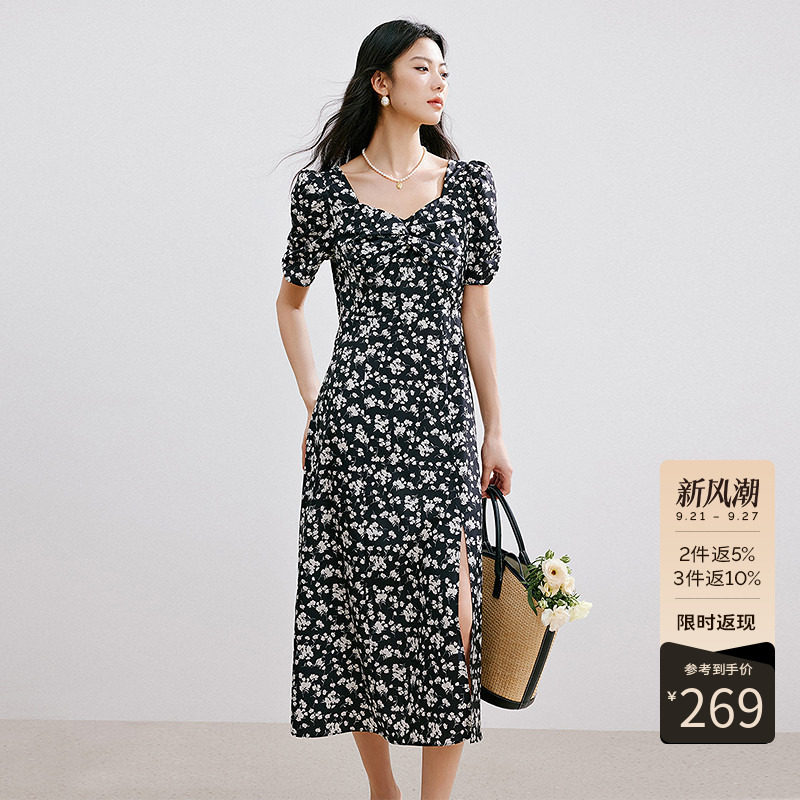 衣香丽影碎花连衣裙女夏装设计感开叉法式方领裙子