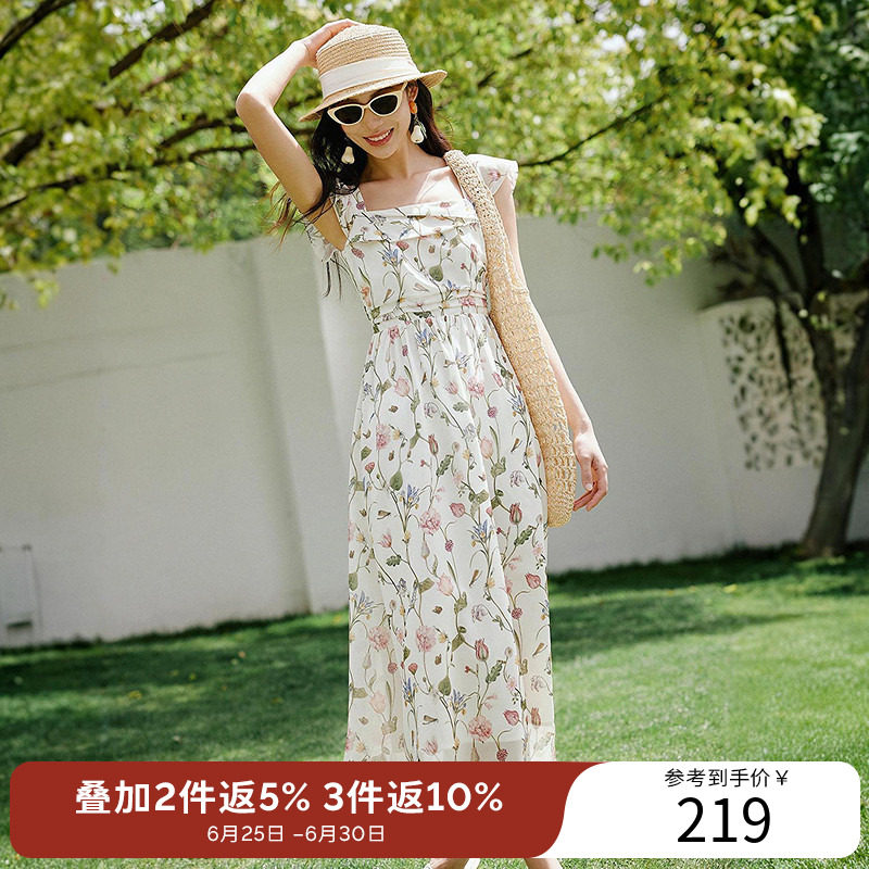 衣香丽影【断码福利】度假风碎花连衣裙女夏装浪漫方领茶歇裙子