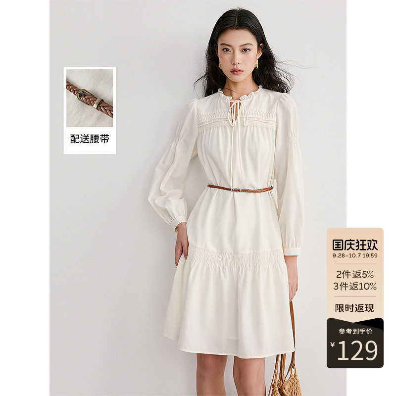 衣香丽影白色木耳边连衣裙女2026秋装新款小个子流行法式中长裙子