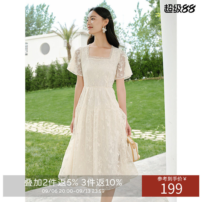 衣香丽影重工蕾丝提花连衣裙女夏款设计感花苞袖碎花裙