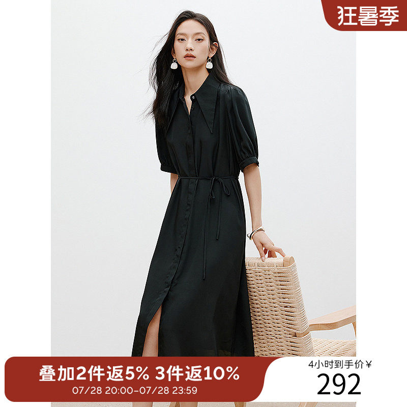 衣香丽影中长裙V领连衣裙2026夏季韩版气质减龄短袖衬衫式小黑裙