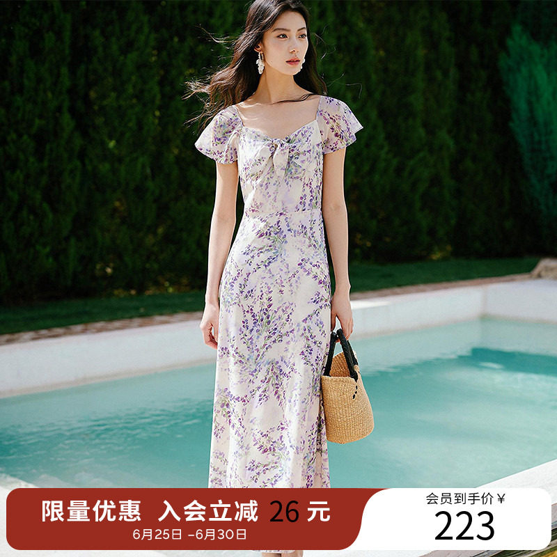 衣香丽影碎花雪纺连衣裙女夏装度假风法式漂亮掐腰裙子