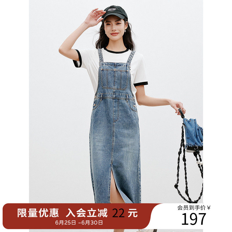 衣香丽影纯棉牛仔背带裙女夏复古水洗设计背带连衣裙