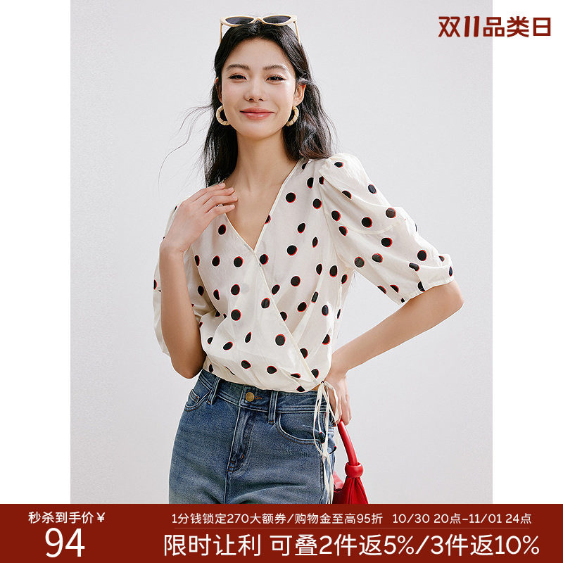 衣香丽影夏V领复古波点印花雪纺衬衫泡泡袖衬衣