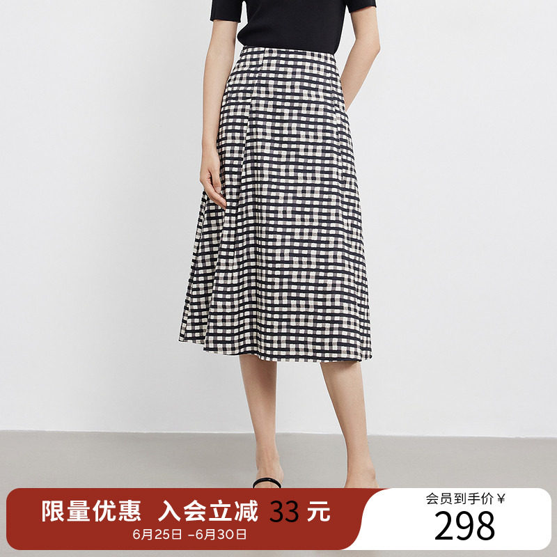 衣香丽影全棉黑白格子半身裙女2026年夏装新款中长裙子150433302