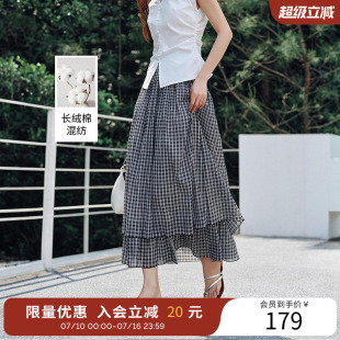 衣香丽影皱感黑白格子半身裙女夏装复古文艺风蛋糕裙子
