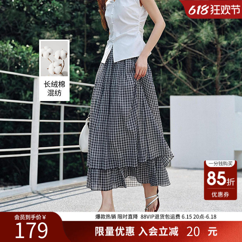 衣香丽影皱感黑白格子半身裙女夏装复古文艺风蛋糕裙子