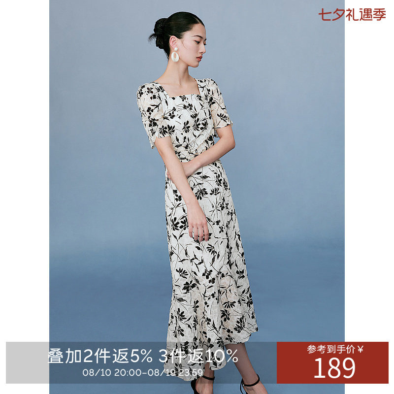 衣香丽影全棉方领碎花连衣裙女夏款法式泡泡袖裙子