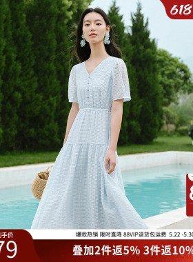 衣香丽影蓝色泡泡袖连衣裙女2026夏季新款气质轻奢高级感法式裙子