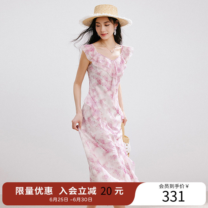 衣香丽影碎花连衣裙女夏装优雅荷叶边顺纡绉雪纺裙子