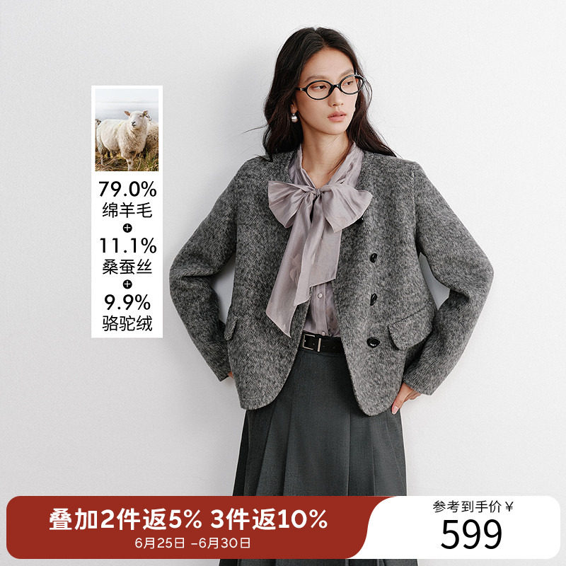 衣香丽影小香风真丝羊毛大衣女短款2025冬装新款圆领双面呢子外套