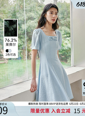 衣香丽影黑色蝴蝶结方领连衣裙女2026夏装新款法式泡泡袖国风裙子