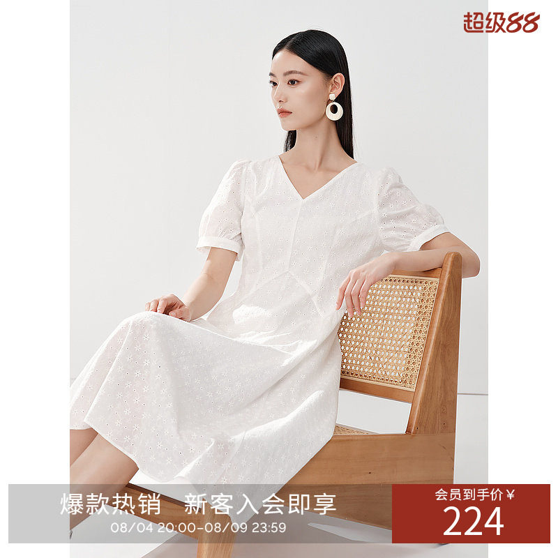衣香丽影棉布绣花连衣裙女夏款文艺风泡泡袖小洋裙