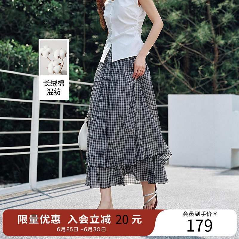 衣香丽影皱感黑白格子半身裙女夏装复古文艺风蛋糕裙子