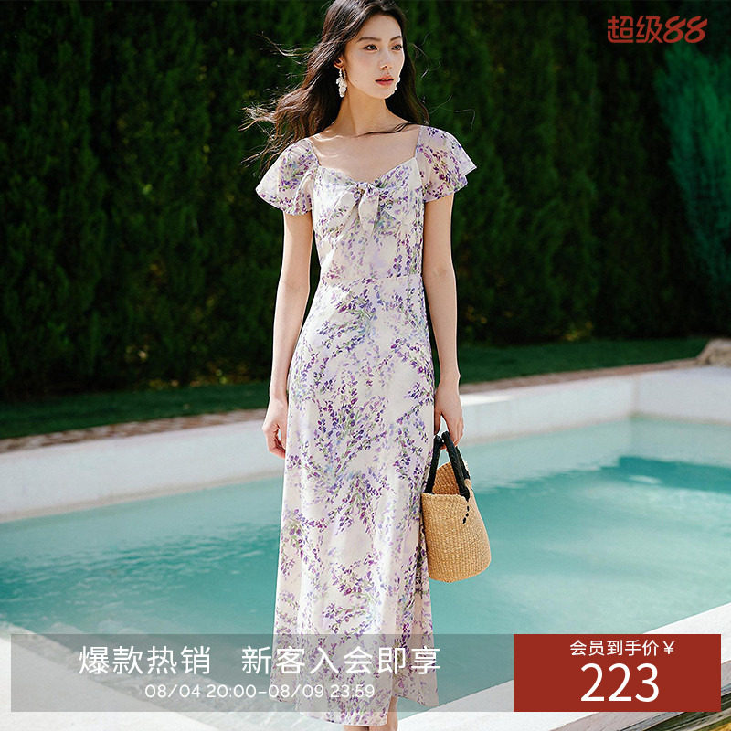 衣香丽影碎花雪纺连衣裙女夏装度假风法式漂亮掐腰裙子
