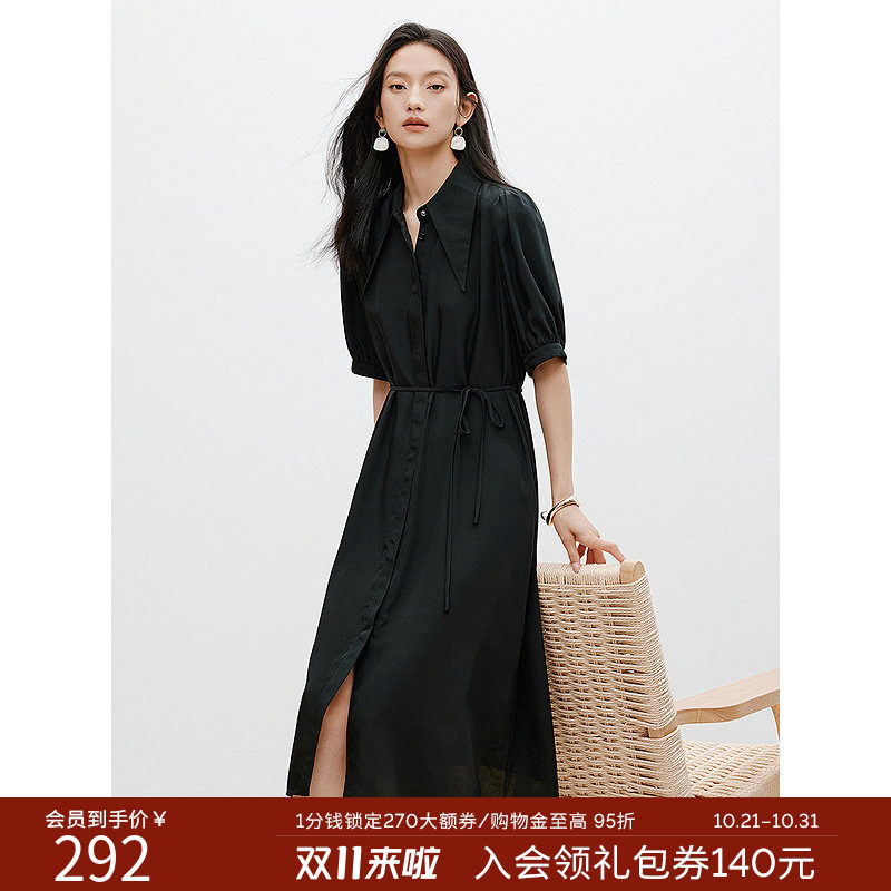 衣香丽影中长裙V领连衣裙2026夏季韩版气质减龄短袖衬衫式小黑裙