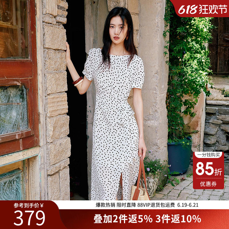 衣香丽影白色波点系带连衣裙女2026夏装新款法式小资中长直筒裙子
