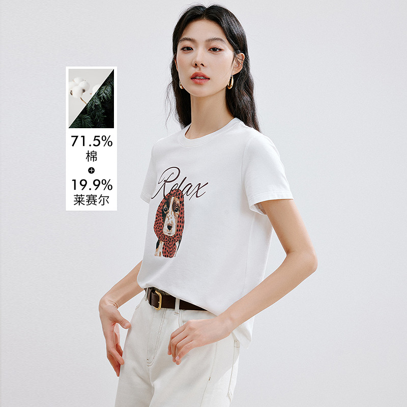 衣香丽影围巾小狗白色印花T恤女2026年夏装新款时尚休闲正肩上衣