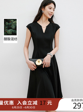 衣香丽影黑色收腰盖袖醋酸连衣裙女2026年夏装新款赫本风小黑裙子