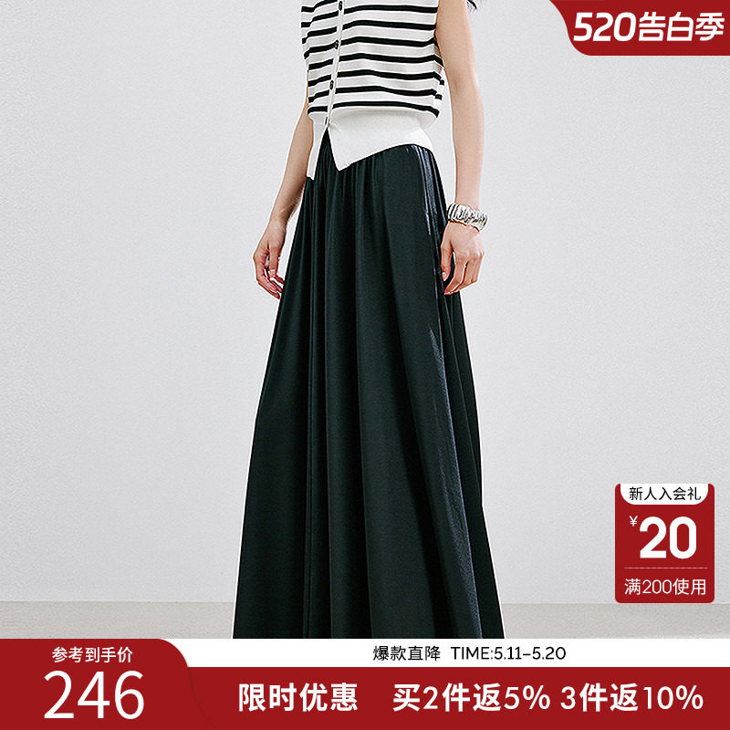衣香丽影黑色大裙摆半身裙女2026夏装新款高腰显瘦宽松直筒中长裙