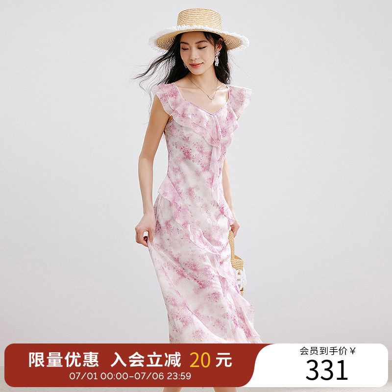 衣香丽影碎花连衣裙女夏装优雅荷叶边顺纡绉雪纺裙子