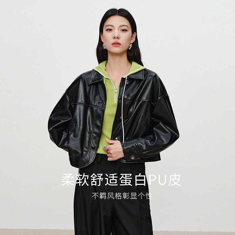 衣香丽影撞色拼接翻领皮衣女2026年秋装港风机车服短外套