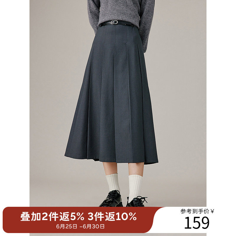 衣香丽影灰色学院风百褶裙女2025年冬装新款高腰显瘦垂感半身裙子
