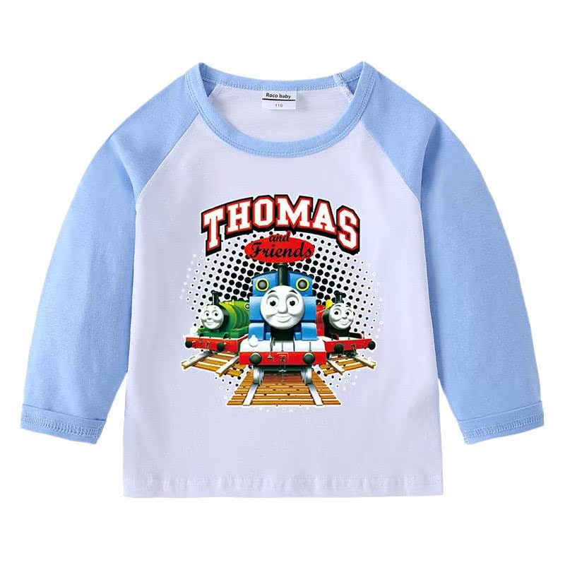 春秋季男孩托马斯童装卡通火车头衣服宝宝纯棉拼袖打底衫345岁