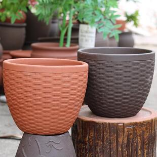 仿藤编花盆有孔阳台简约多肉圆形绿植种植盆透气无釉纯陶土高温盆