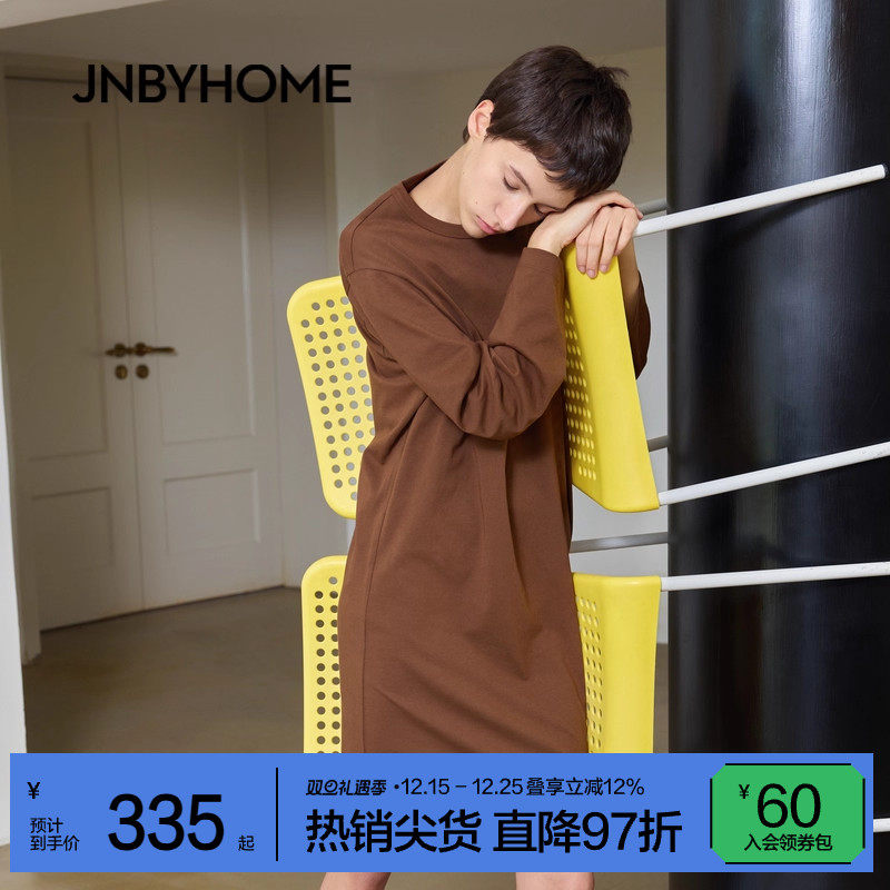 JNBYHOME江南布衣25年秋季女圆领长袖家居睡裙中长款休闲纯