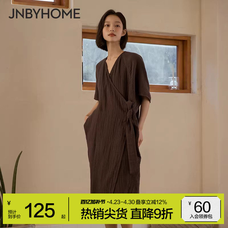 JNBYHOME江南布衣纯棉睡衣女三件套新中式三层棉纱晨袍国风家居服