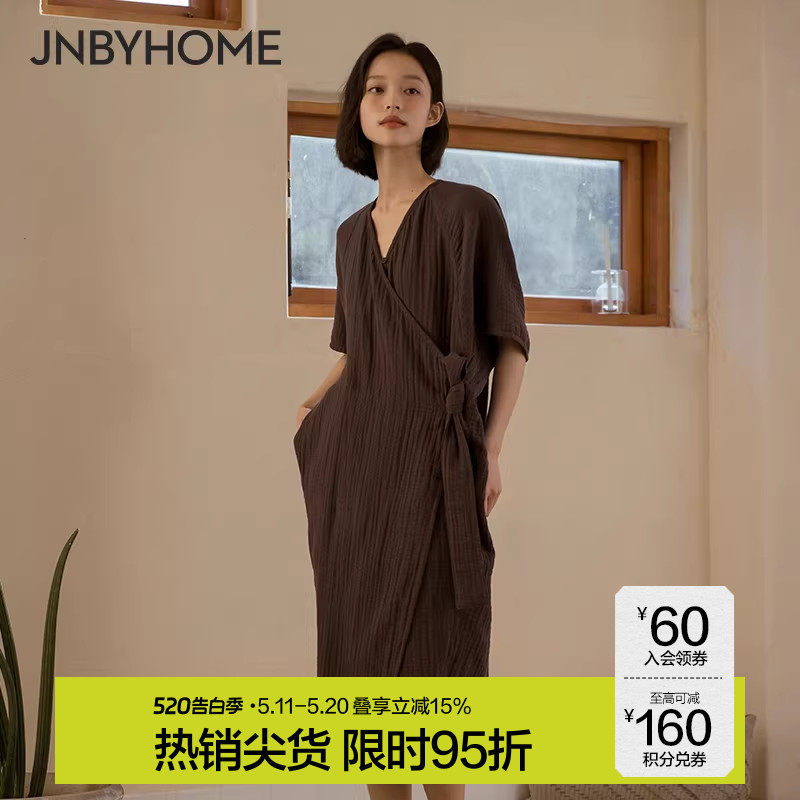 JNBYHOME江南布衣纯棉睡衣女三件套新中式三层棉纱晨袍国风家