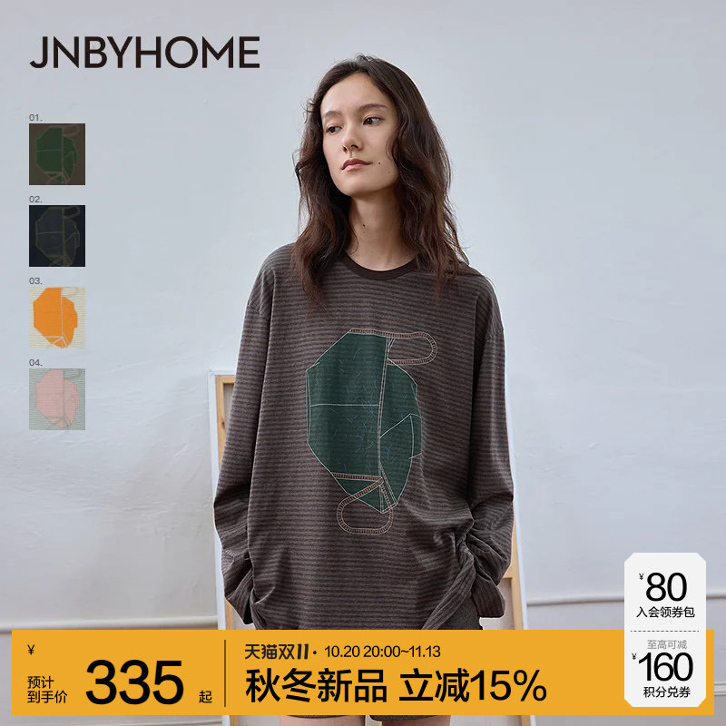 JNBYHOME江南布衣26新款冬纯棉长袖圆领套头上衣女家居服印花睡衣
