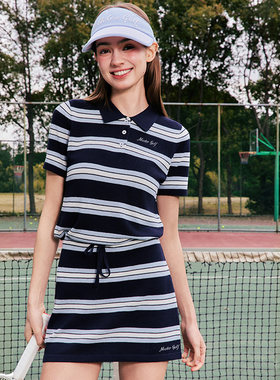 MG高尔夫女夏条纹短袖美式套装