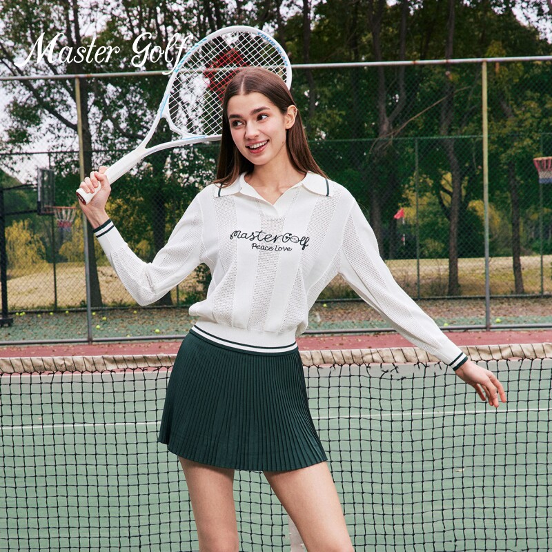 春秋宽松高尔夫服装女2026新款长袖针织衣老钱风运动墨绿色套装