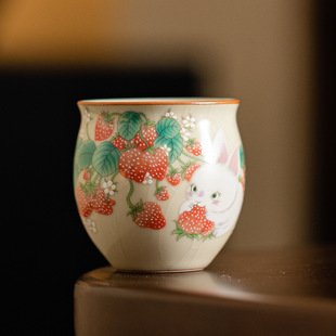 景德镇米黄汝窑主人杯蛋杯开片可养陶瓷茶杯个人杯品茗杯功夫茶具