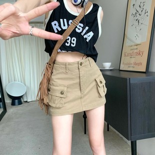 卡其色工装 牛仔短裙女夏季 复古高腰a字半身裙辣妹防走光包臀裙裤