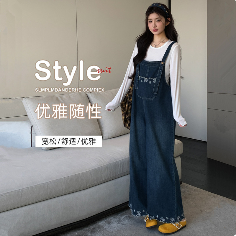 韩版孕妇装春装背带裤套装2026新款洋气刺绣连体阔腿裤时尚百搭女