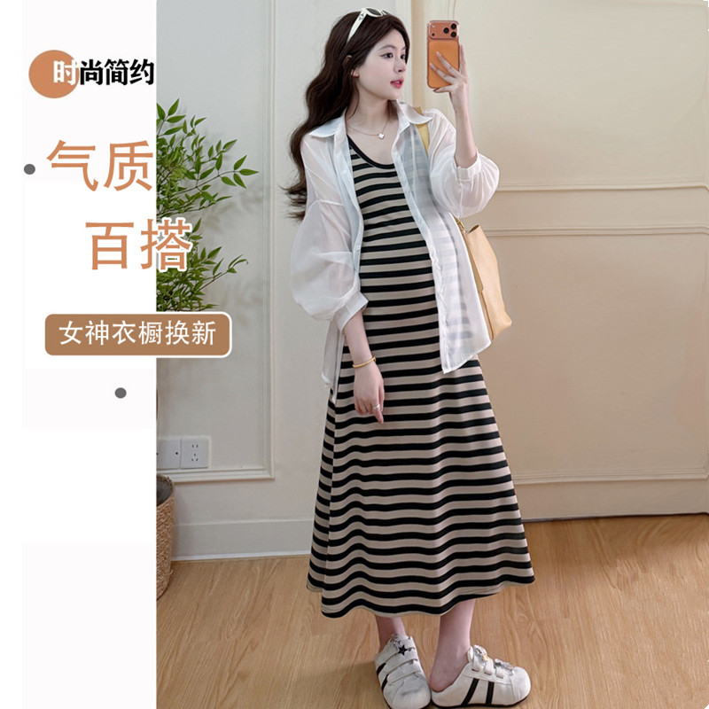 韩系孕妇裙春夏连衣裙2026新款慵懒风衬衫上衣显瘦条纹背心A字裙