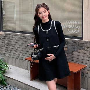 显瘦背心小黑裙遮肚子穿搭 针织衫 小香风孕妇秋冬款 连衣裙2025新款