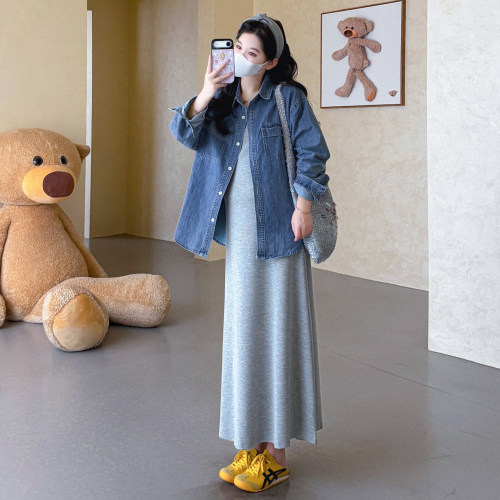 孕妇秋装牛仔衬衫外套懒人背心裙