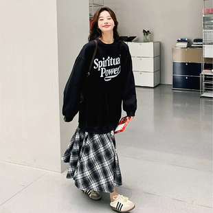 宽松遮肚格子裙大码 连衣裙2026新款 拼接T恤裙 孕妇裙早春长袖 韩版