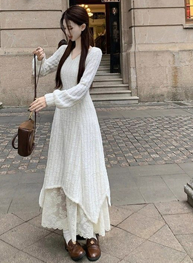法式孕妇冬天白色连衣裙2025新款洋气蕾丝裙设计感不规则过膝长裙
