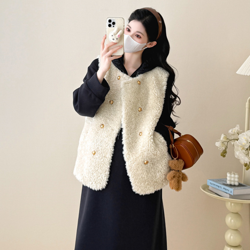 孕妇冬天羊羔毛马甲连帽卫衣裙子