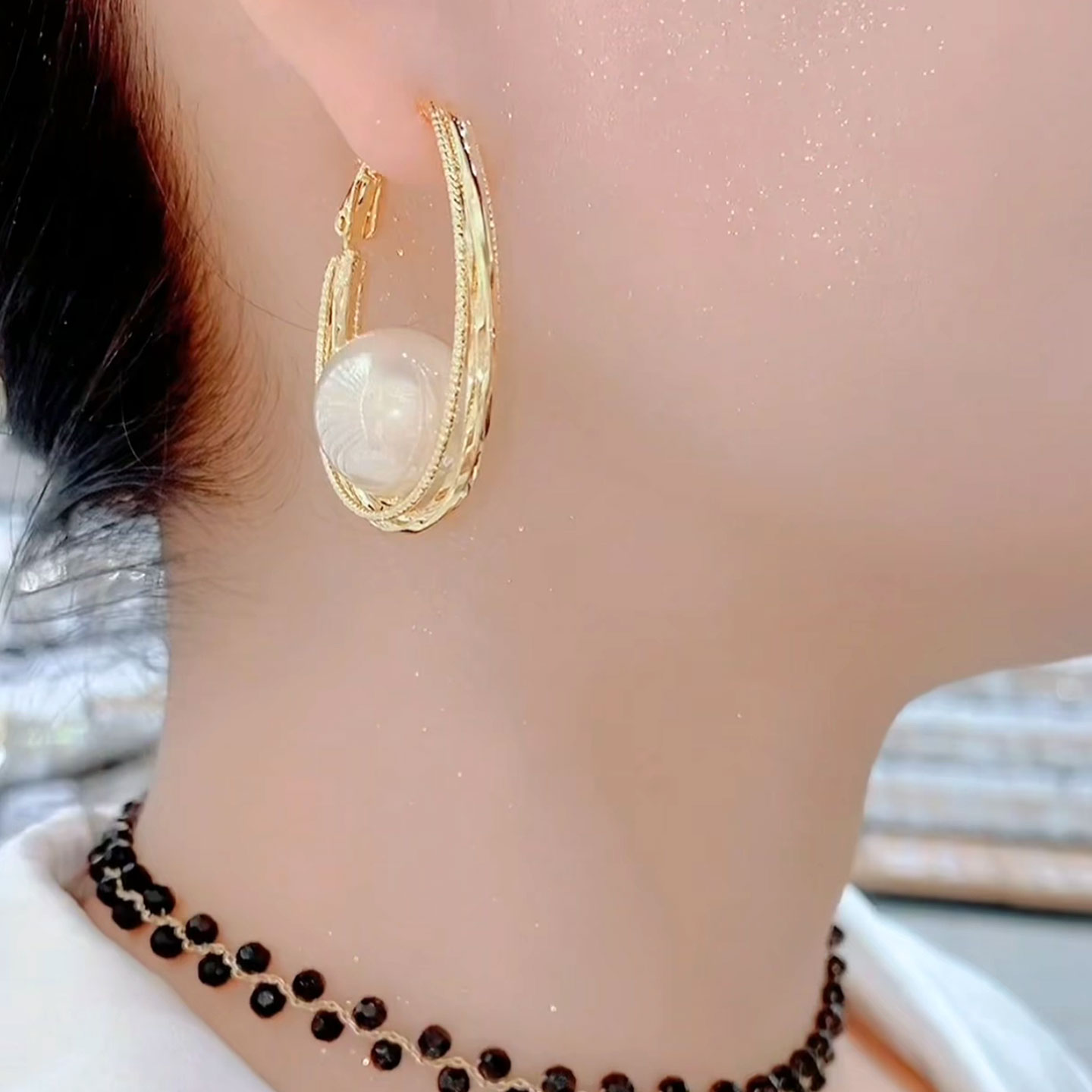 港式复古风圈圈珍珠耳环几何小众设计流行耳坠夸张显脸瘦流星耳坠