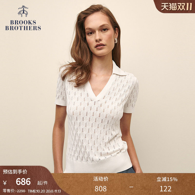 Brooks Brothers/布克兄弟女士夏桑蚕丝海鸥领镂空polo衫