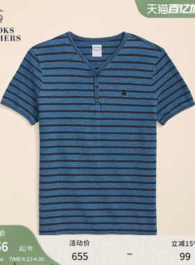 Brooks Brothers/布克兄弟男士春夏新款纯棉亨利领条纹短袖T恤